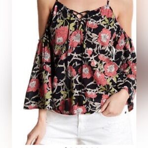 Wild Pearl Floral Cold Shoulder Bell Sleeve Boho Blouse Size L